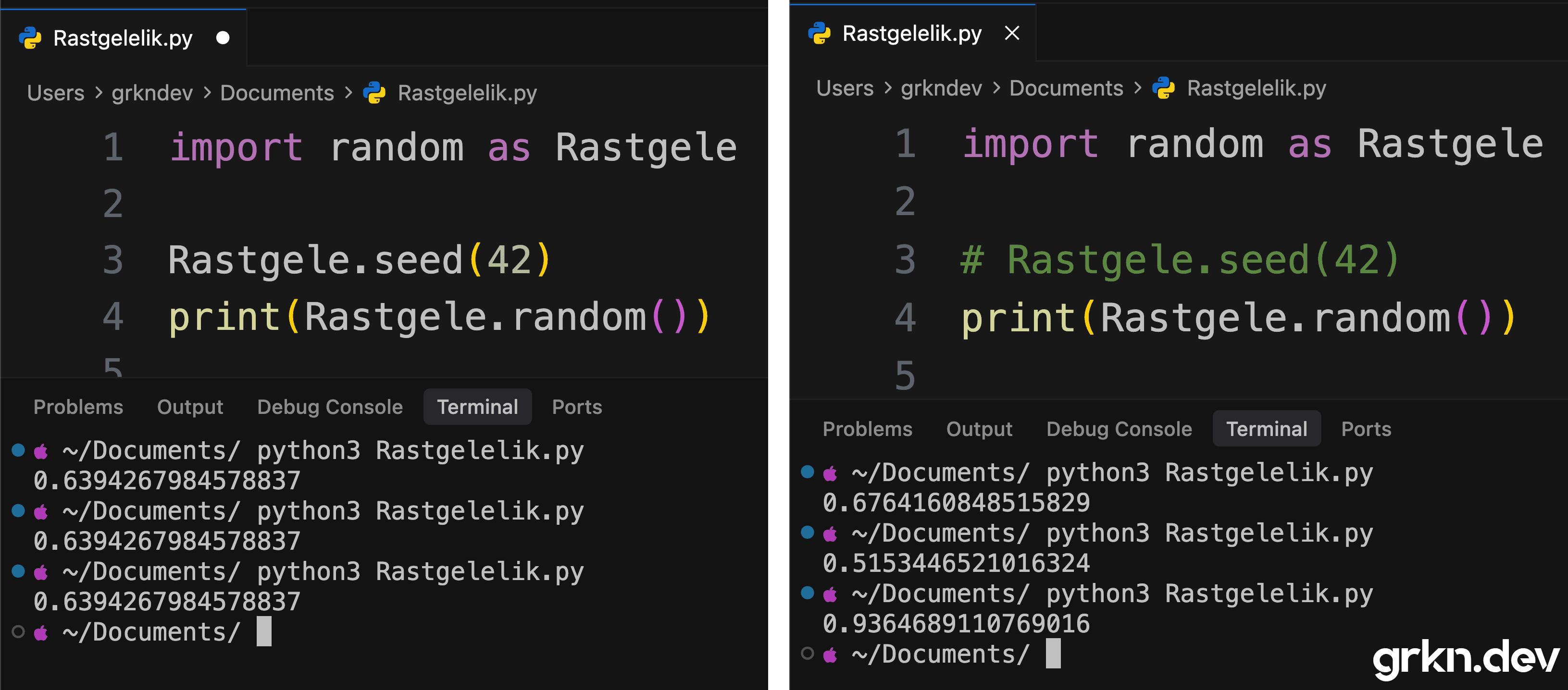 Sabit ve rastgele seed ile Python'da sayı üretimi örneği